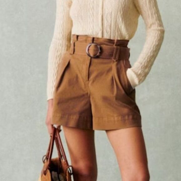 Sezane Rome Caramel High Waist Shorts Women’s Size 2 US Belted Pleated Paperbag - Picture 1 of 9